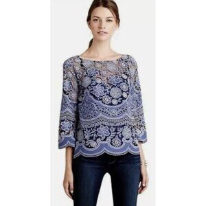 Anthropologie HD In Paris Top Women Sz 4 Blue Lace Peasant Sheer Fairy Woodland